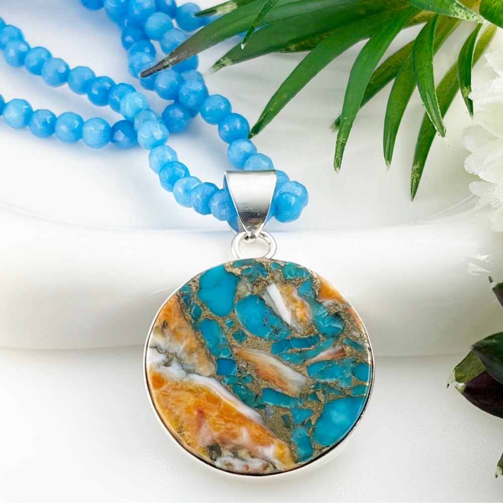 Oyster Turquoise Pendant Necklace Boho Southwest Round Orange Blue New 925 - Picture 2 of 6